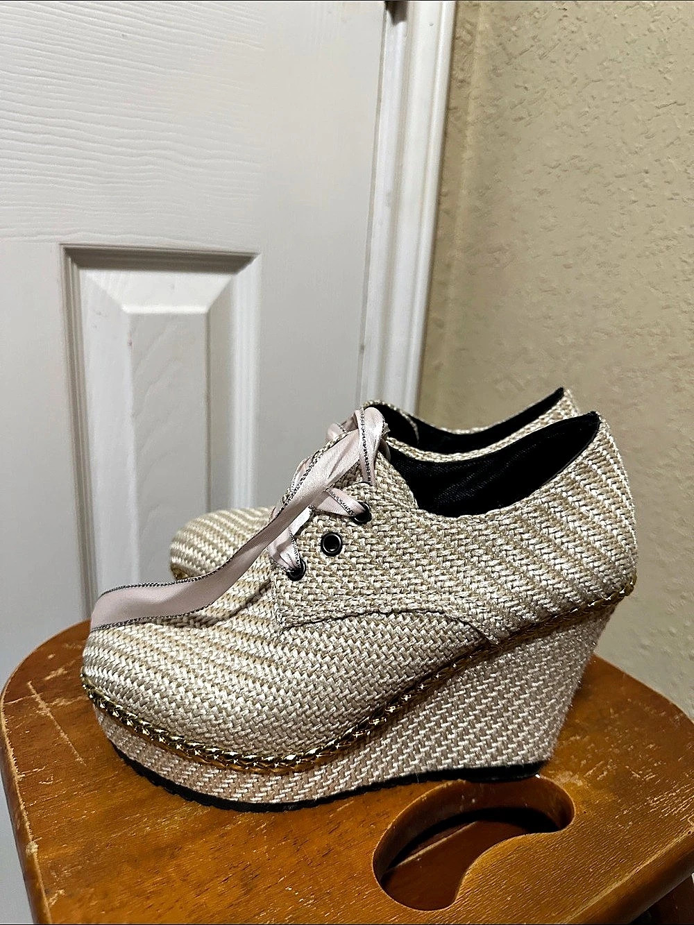 Woven Platform Sneakers in Cream & Pink Like New